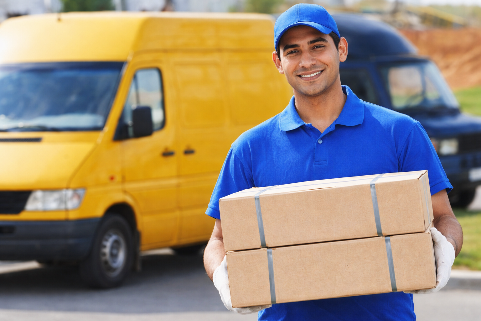 South Indian packers and movers delivery staff holding packed boxes near transport vehicle
